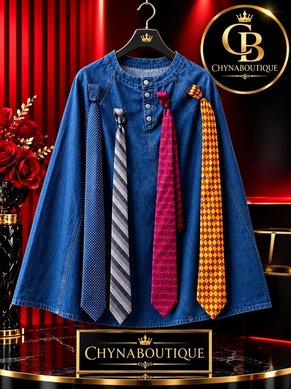 Denim Tie  Skirt Detail in Blue & Red